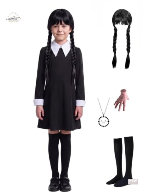Other - Girls Gothic Black Dress Cosplay Set with Wig Necklace Socks Halloween Costume